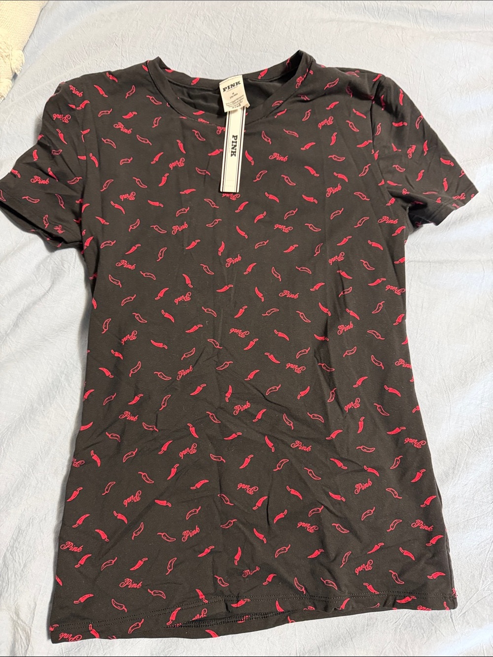 PINK Victoria's Secret Black Short-Sleeve Tee with Red Chili Pepper & Logo Print